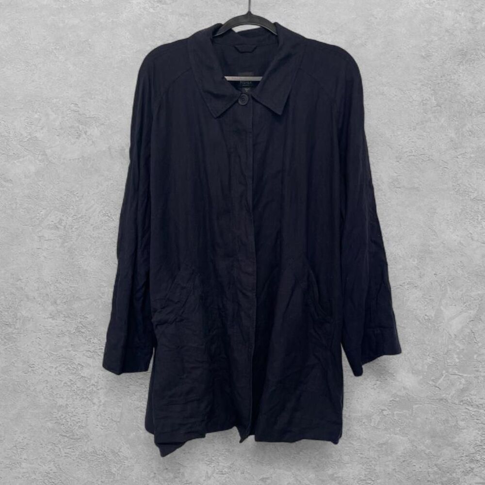 Eileen Fisher 100% Linen Shacket 1X Navy Blue Button Front Minimalist